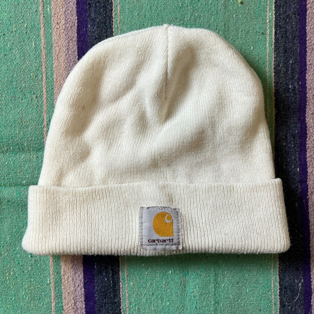 Carhartt Beanie Unisex OS White Cream Knit Cuffed Logo Patch Winter Hat A18 WHT